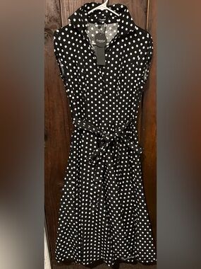 Clocolor dress black white polka dot women's L belt NWT!